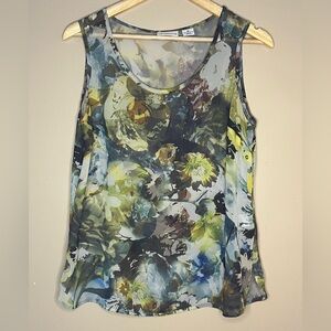Liz Claiborne Sheer Floral Top Green Yellow Sleeveless Size M